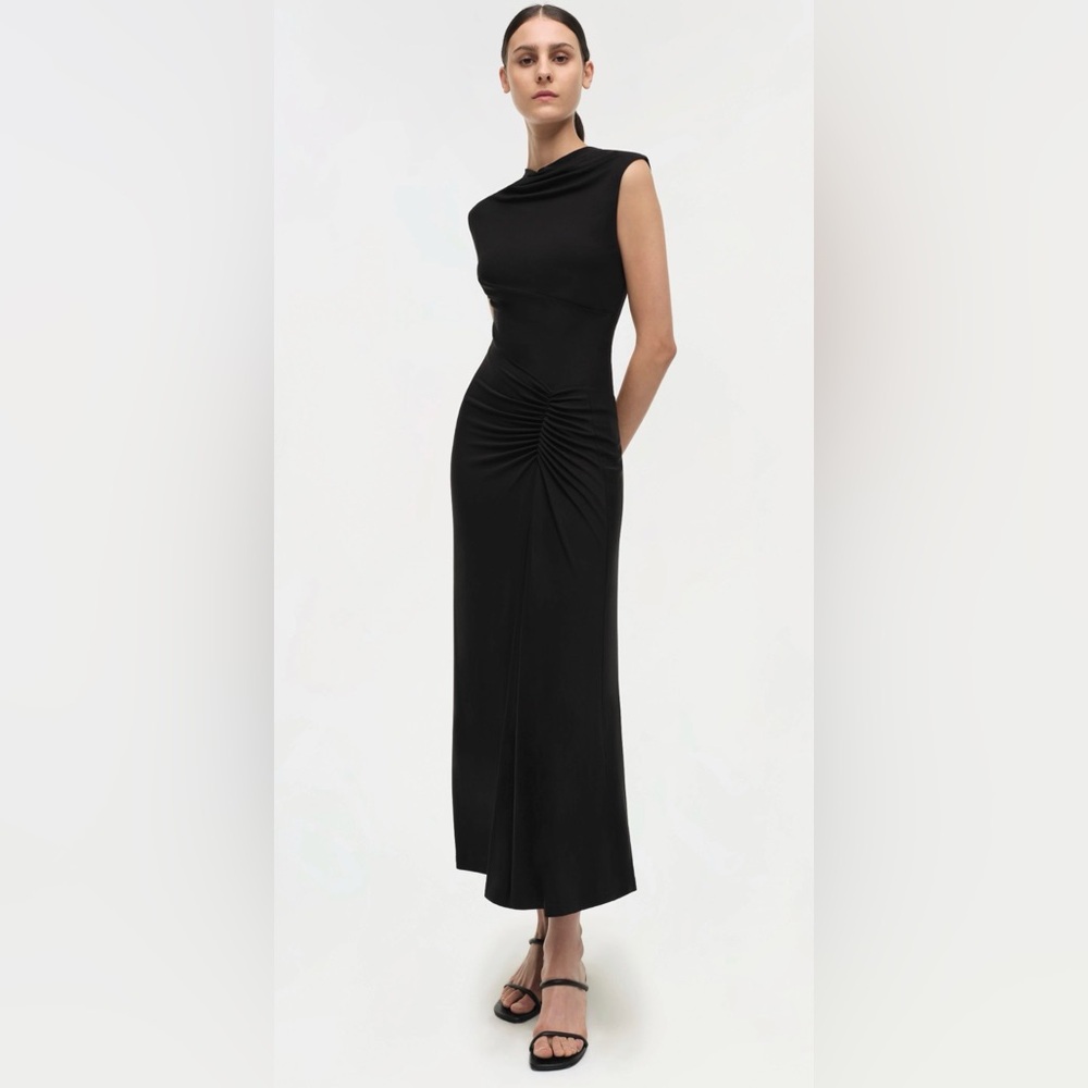 Simkhai Black Ruched Midi Dress - Elegant Sleeveless Design